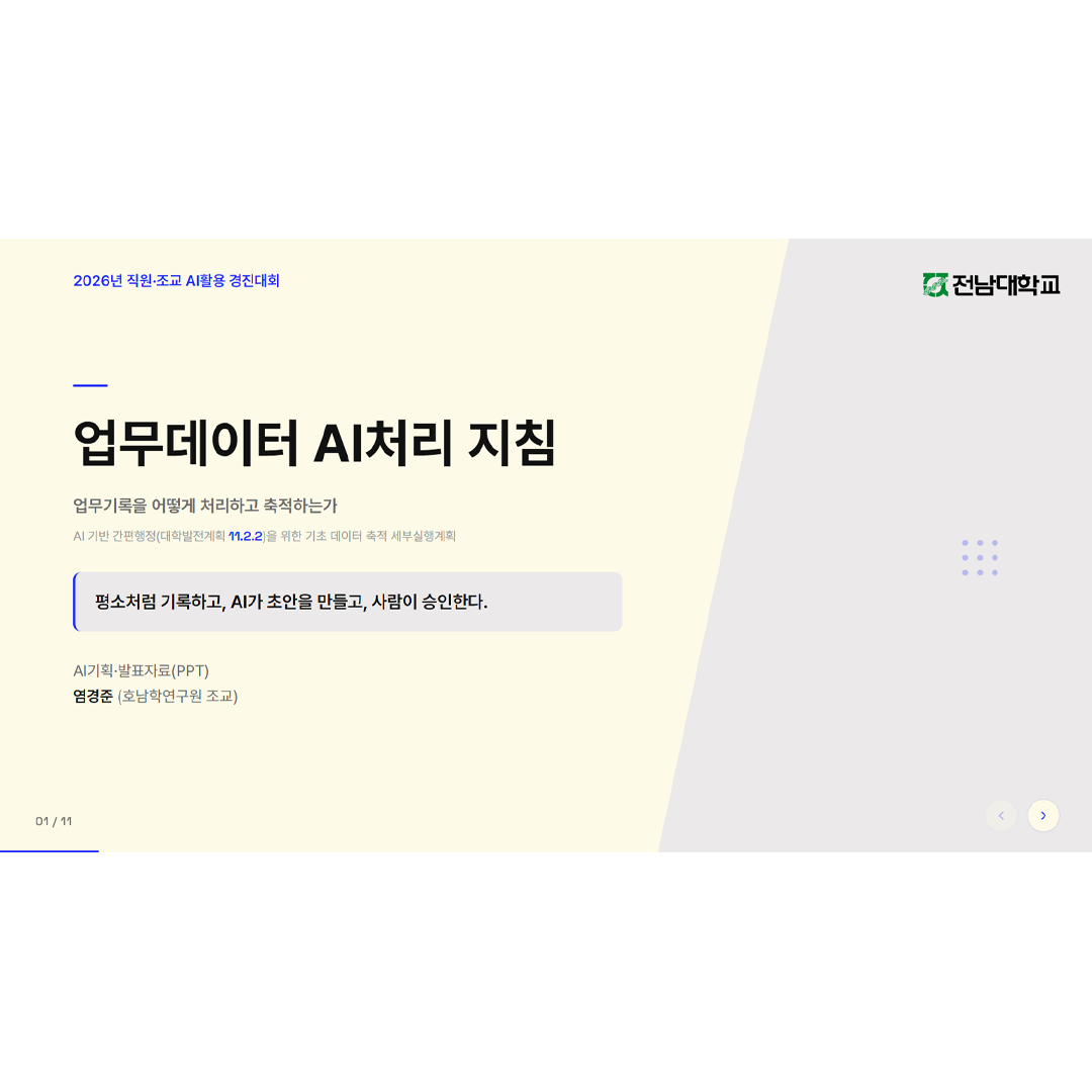 [최우수상] 업무데이터 AI 처리 지침 : AI기반 간편행정(대학발전계획11.2.2)을 위한 기초 데이터 축적 세부실행계획 - 염경준 대표이미지